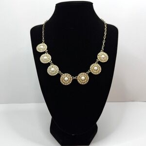 Crystal Faceted Medallion Bib Statement Necklace Gold Tone Beaded 20.5 in L